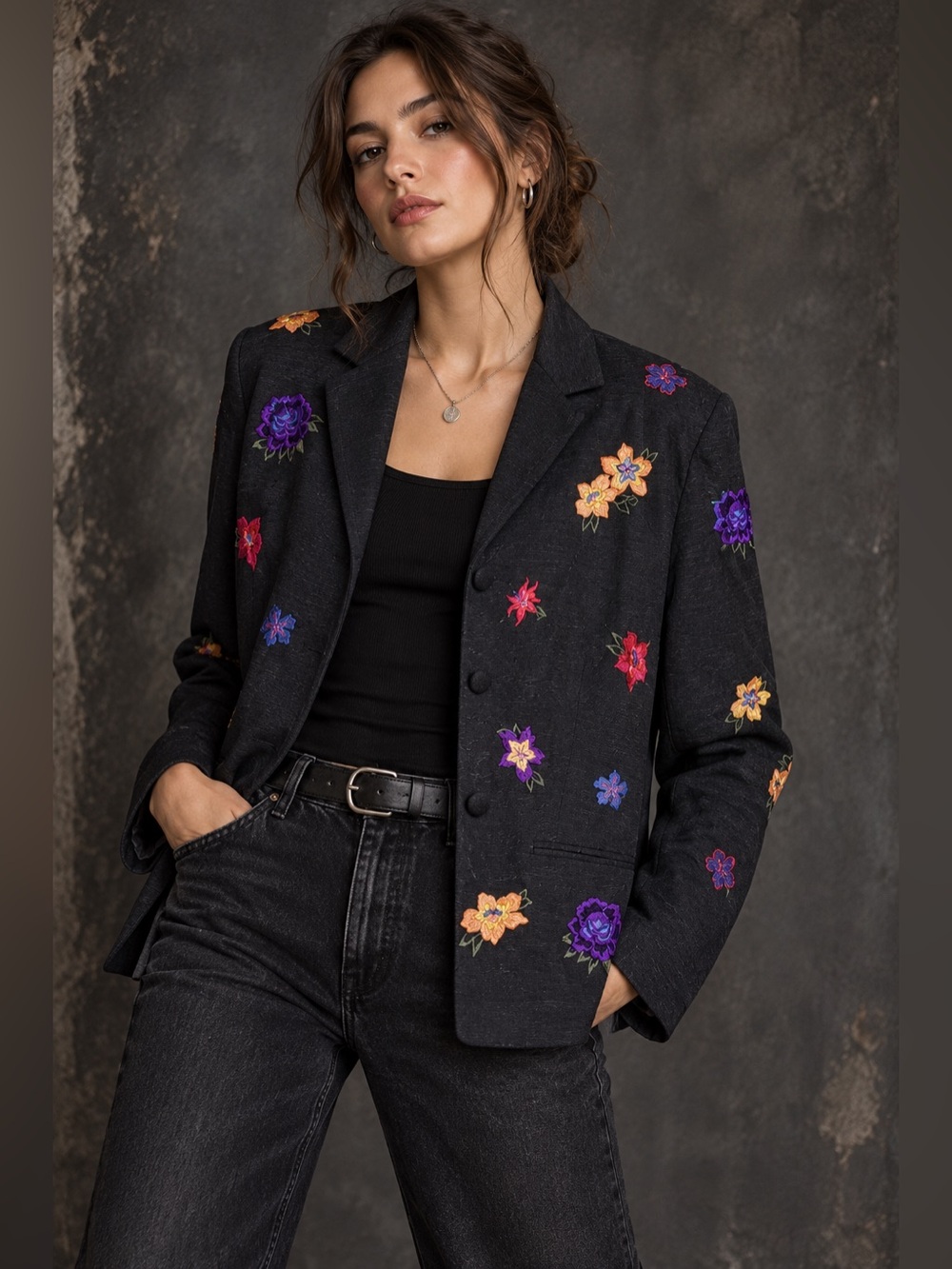 Anna Carole 100% Silk Floral Embroidered Blazer Size 12 Vintage Boho Grunge